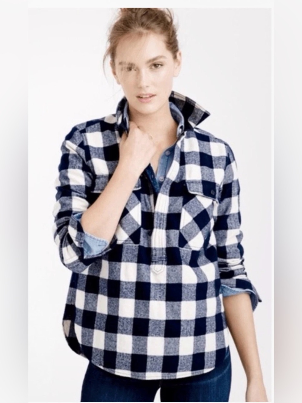 J  Crew Women's Blue Buffalo Plaid Wool Blend 3/4 Zip  Size Small